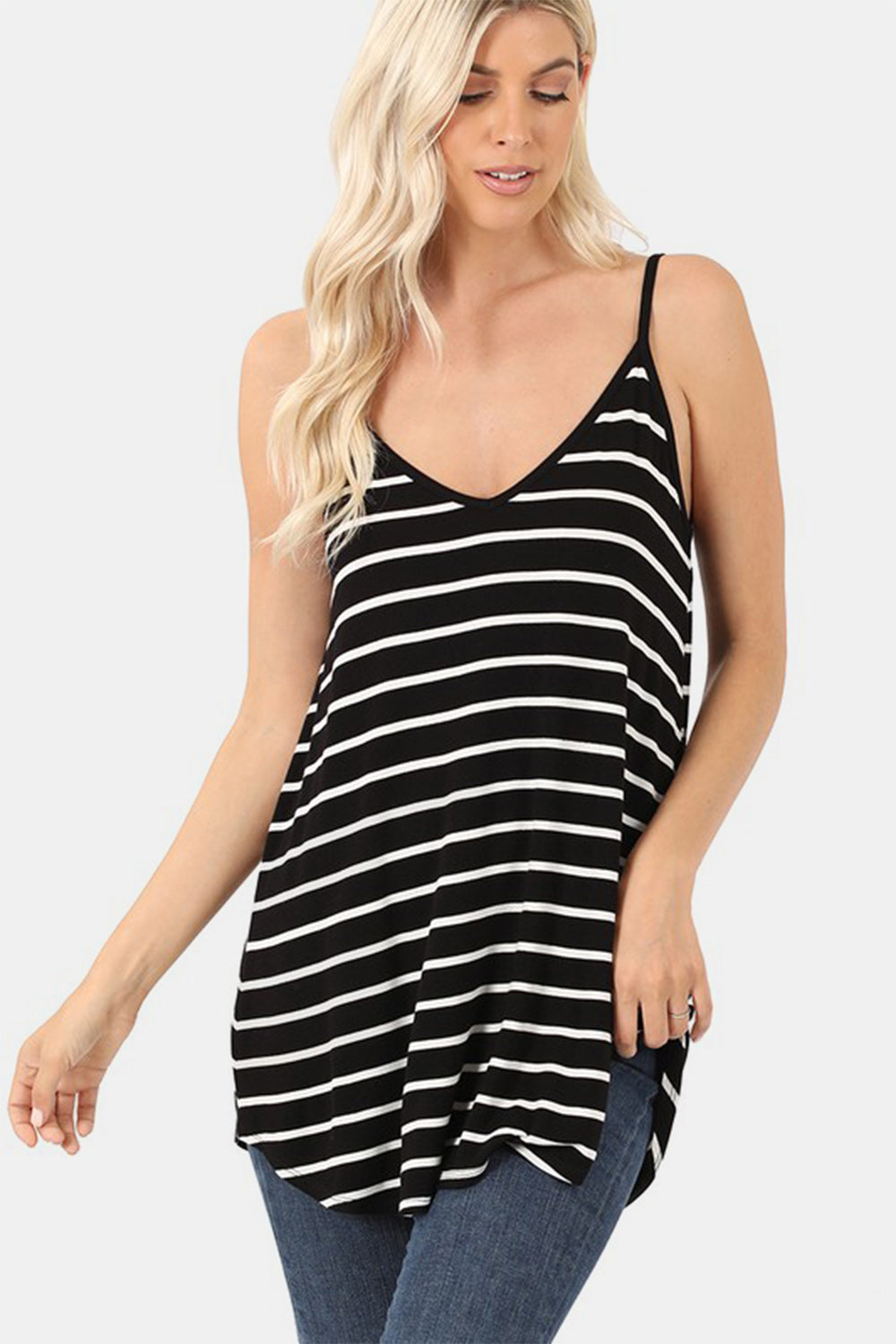 Zenana Striped V-Neck Curved Hem Cami 