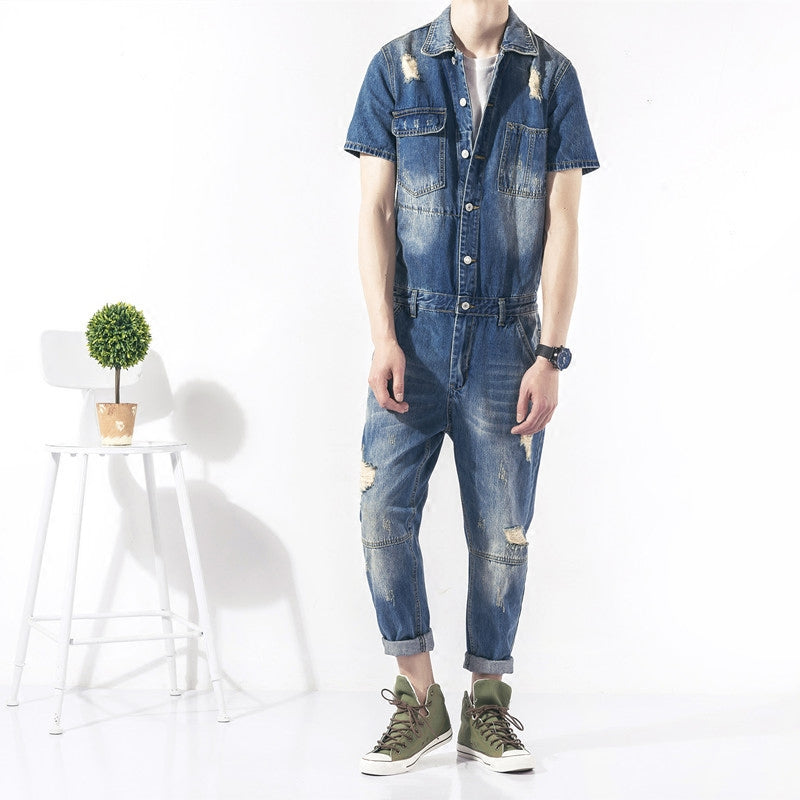 Trendy Men's One-piece Overalls Men's Retro Washed Ripped Jeans