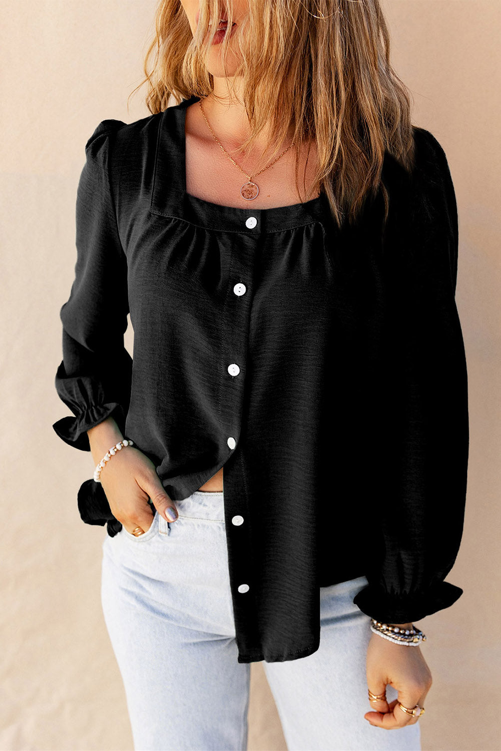 Button Up Square Neck Long Sleeve Blouse 