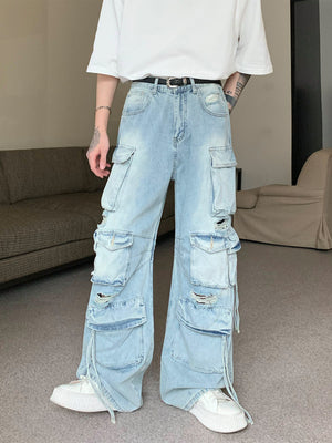 Multi-pocket Heavy Industry Jeans Men's Loose Straight Wide Leg Trousers Do Old Overalls