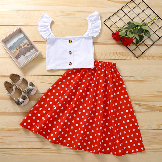 Single Breasted Blouse Top Polka Dot Skirt Two Piece Set