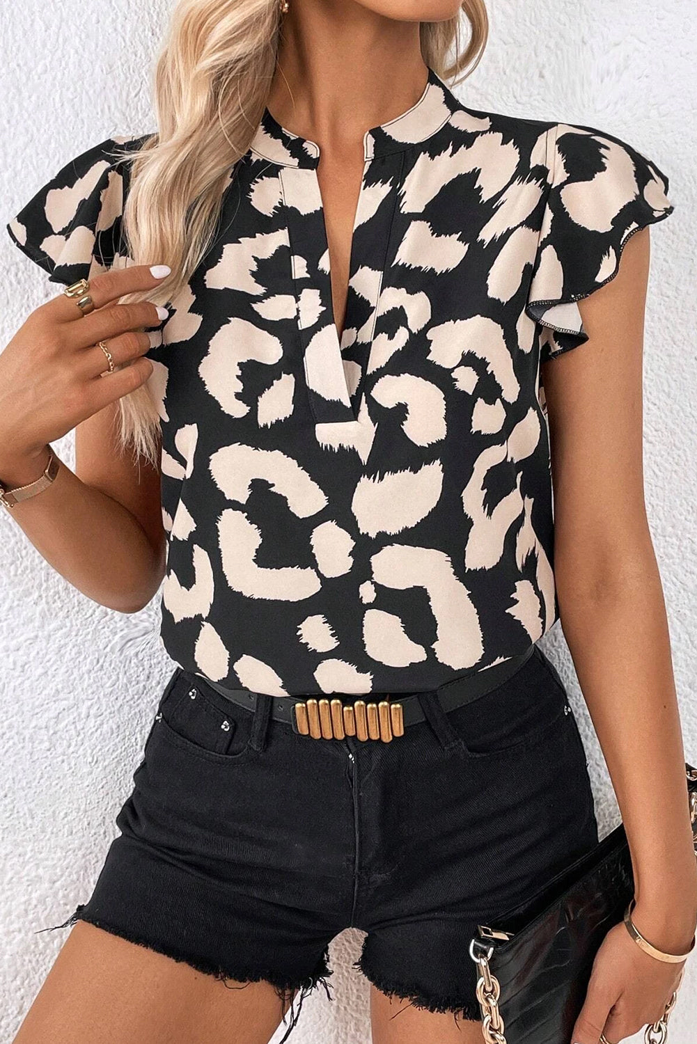 Brown Leopard Print Split Neck Ruffle Flutter Sleeve Blouse - Babbazon Blouses