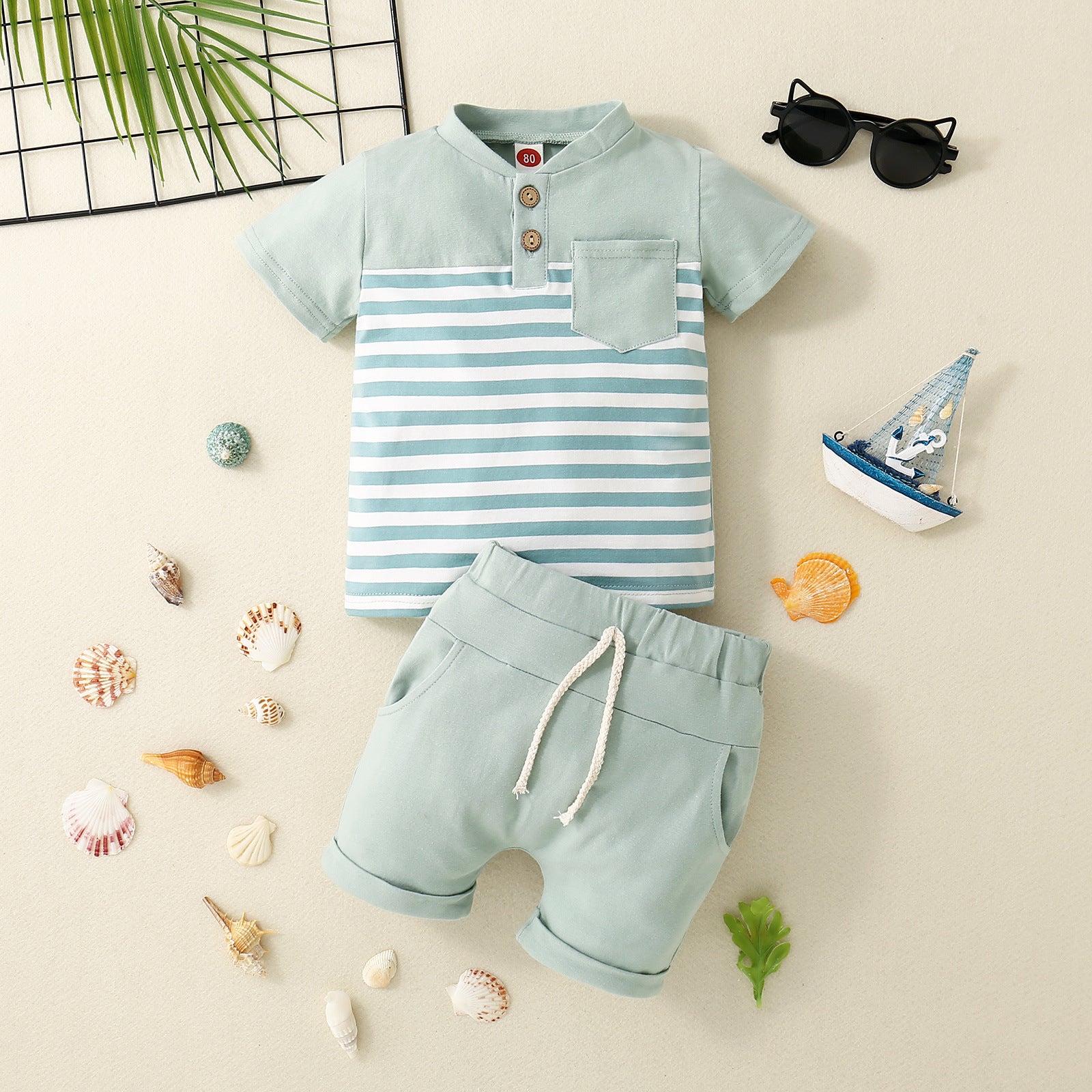 Boys' Open Collar Solid Color Stitching Short-sleeved Shorts Two-piece Set