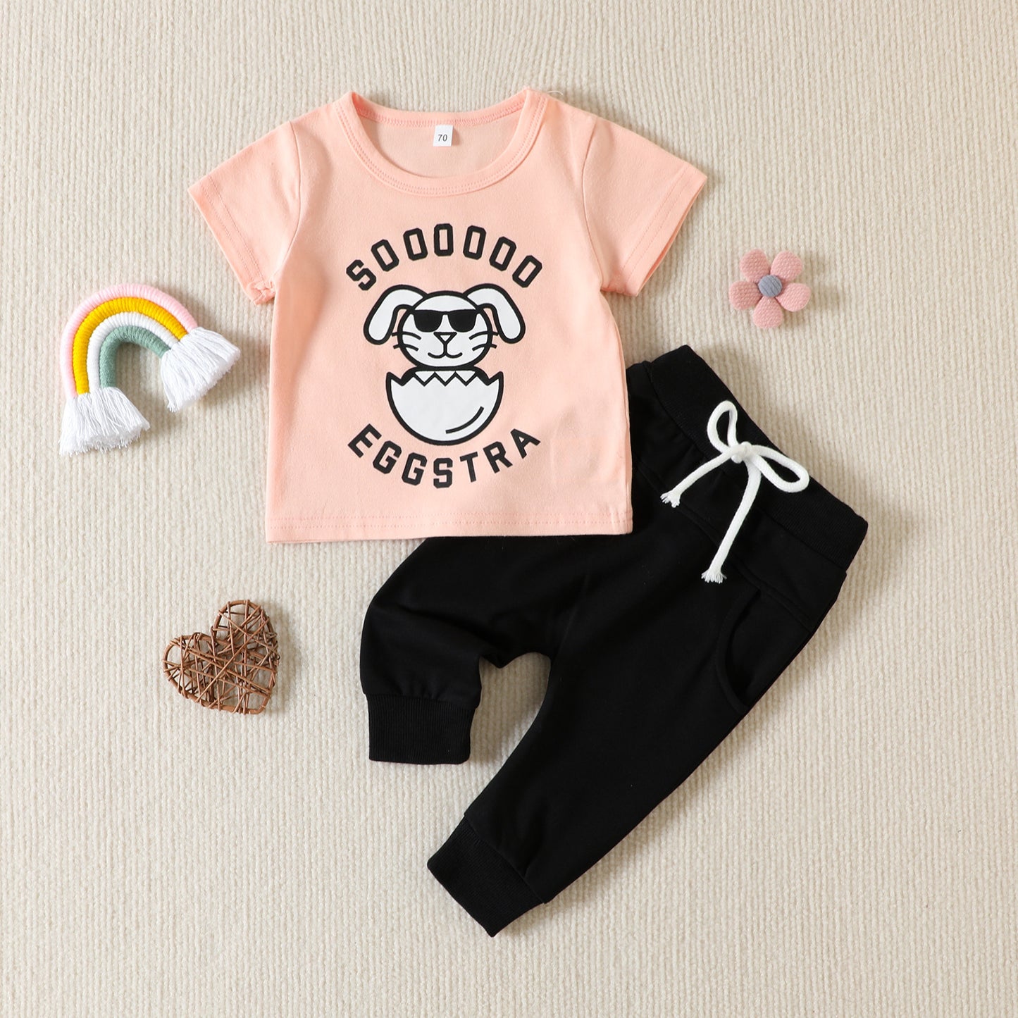 Cartoon Rabbit Letter Print Top Solid Color Trousers Suit