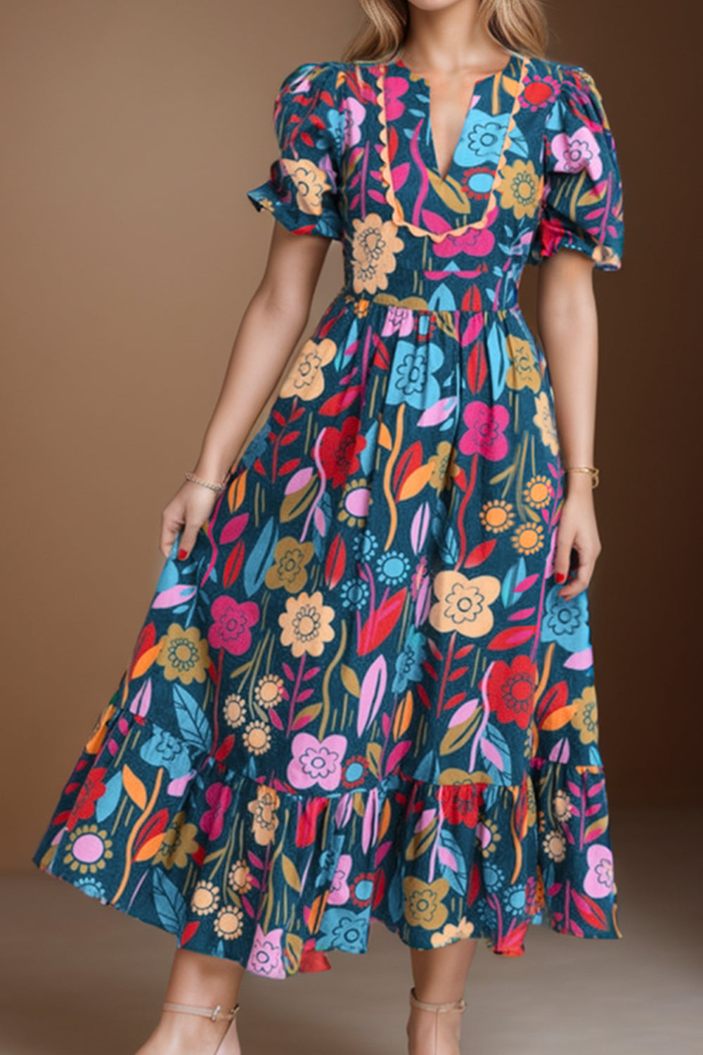 Printed Notched Puff Sleeve Midi Dress - Babbazon New Products