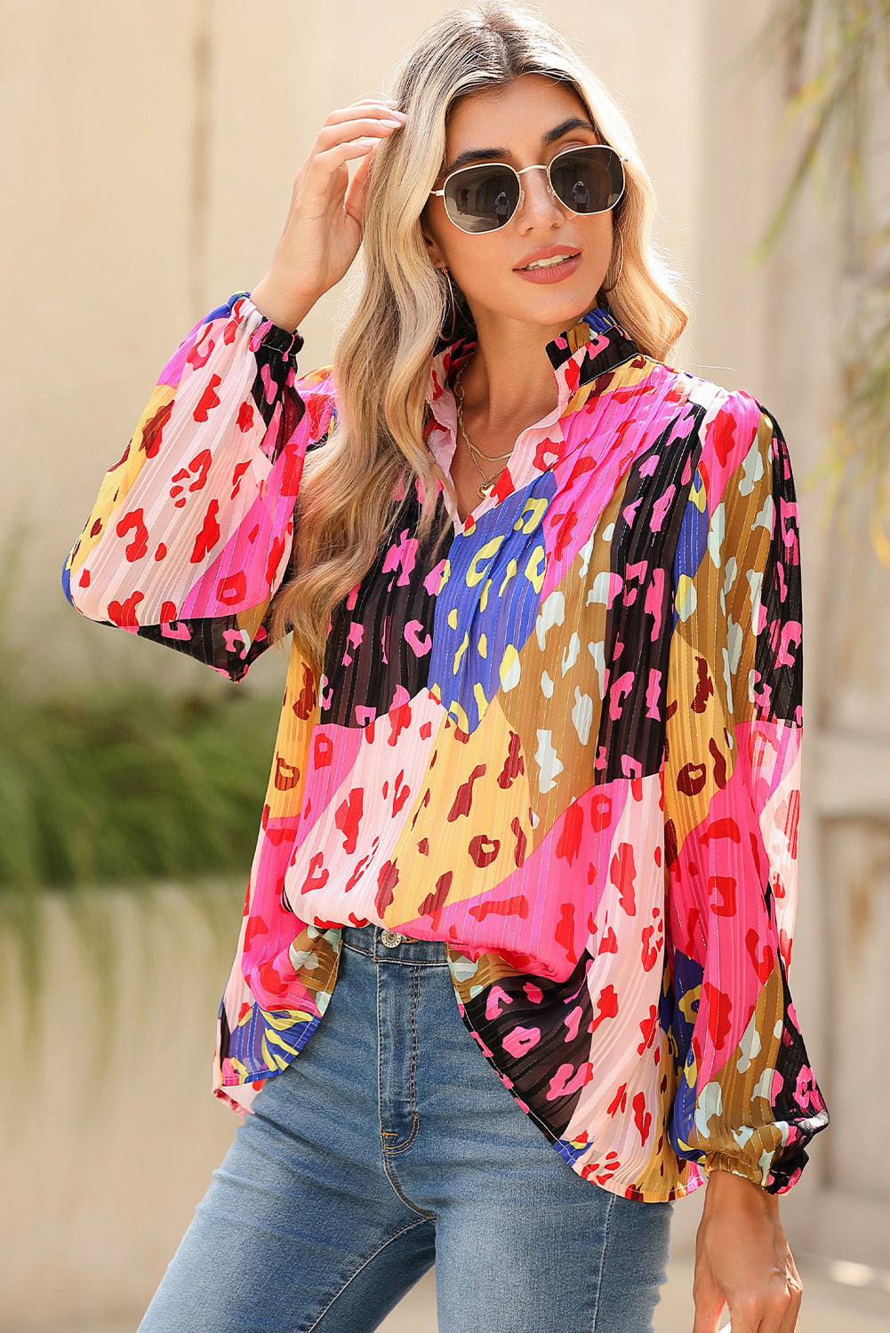 Rose Leopard Print Puff Sleeve Crinkle Blouse - Babbazon Long Sleeve Tops