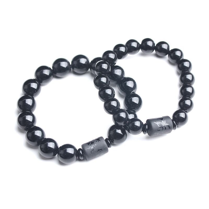 Obsidian Frosted Dragon and Phoenix Buddha Bead Bracelet