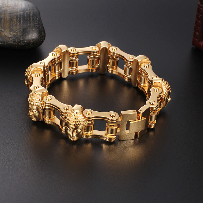 Titanium Gold Buddha Bike Chain Bracelet Men