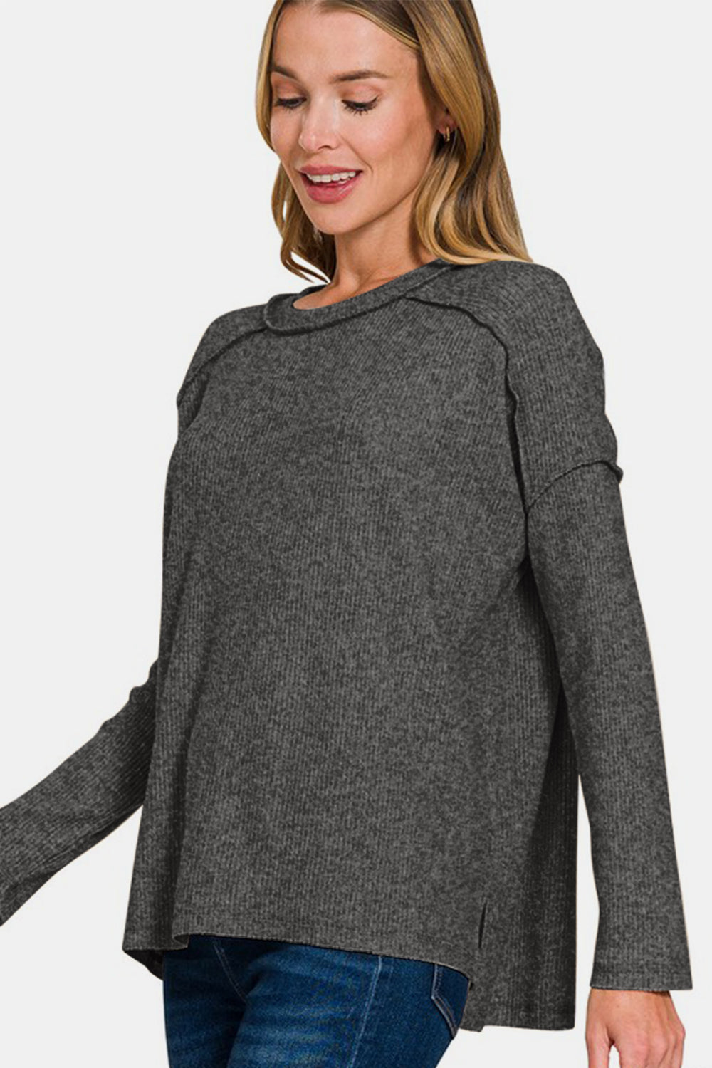 Zenana Full Size Exposed Seam Brushed Round Neck Sweater