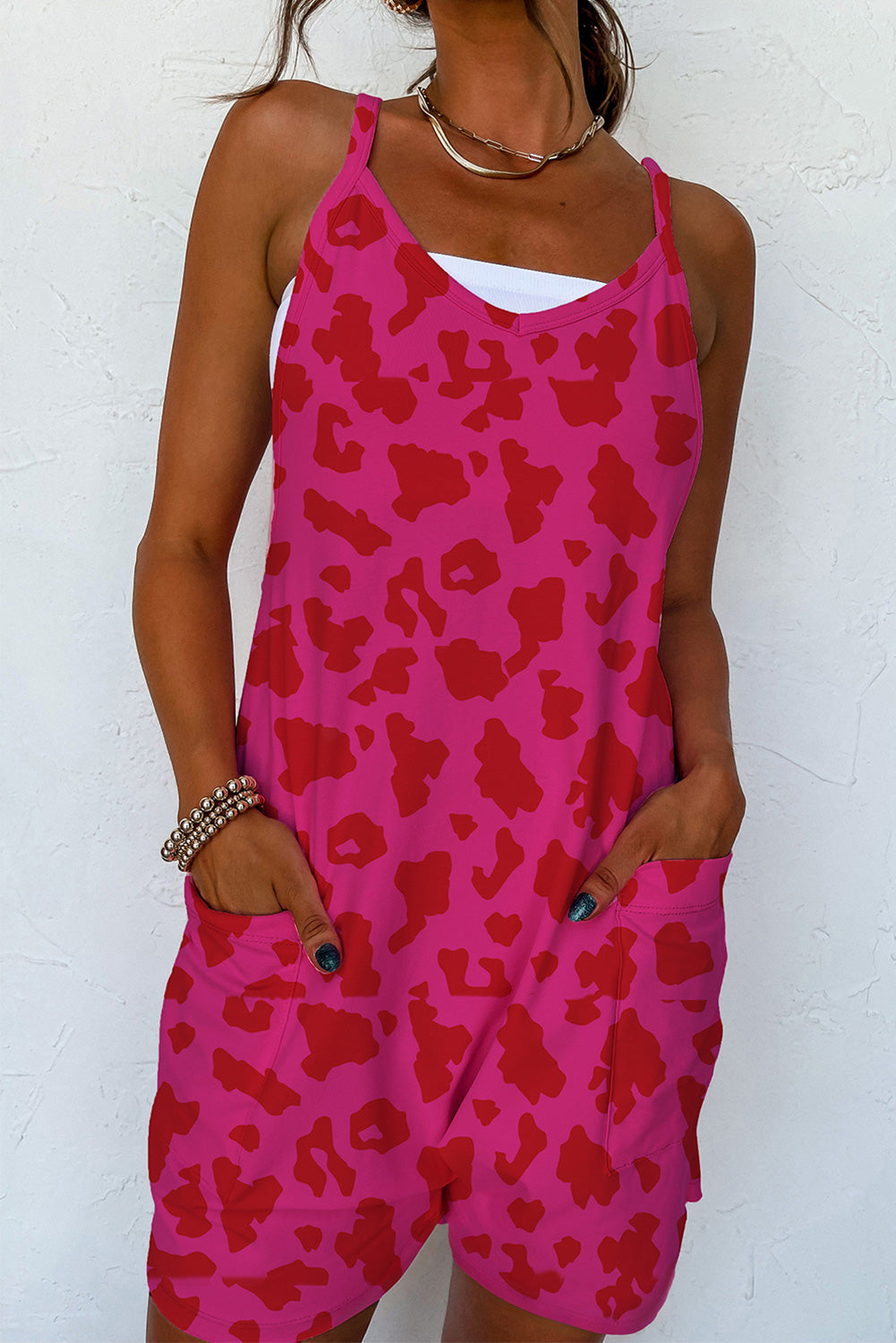 Rose Red Leopard Pocketed V Neck Sleeveless Romper - Babbazon Rompers