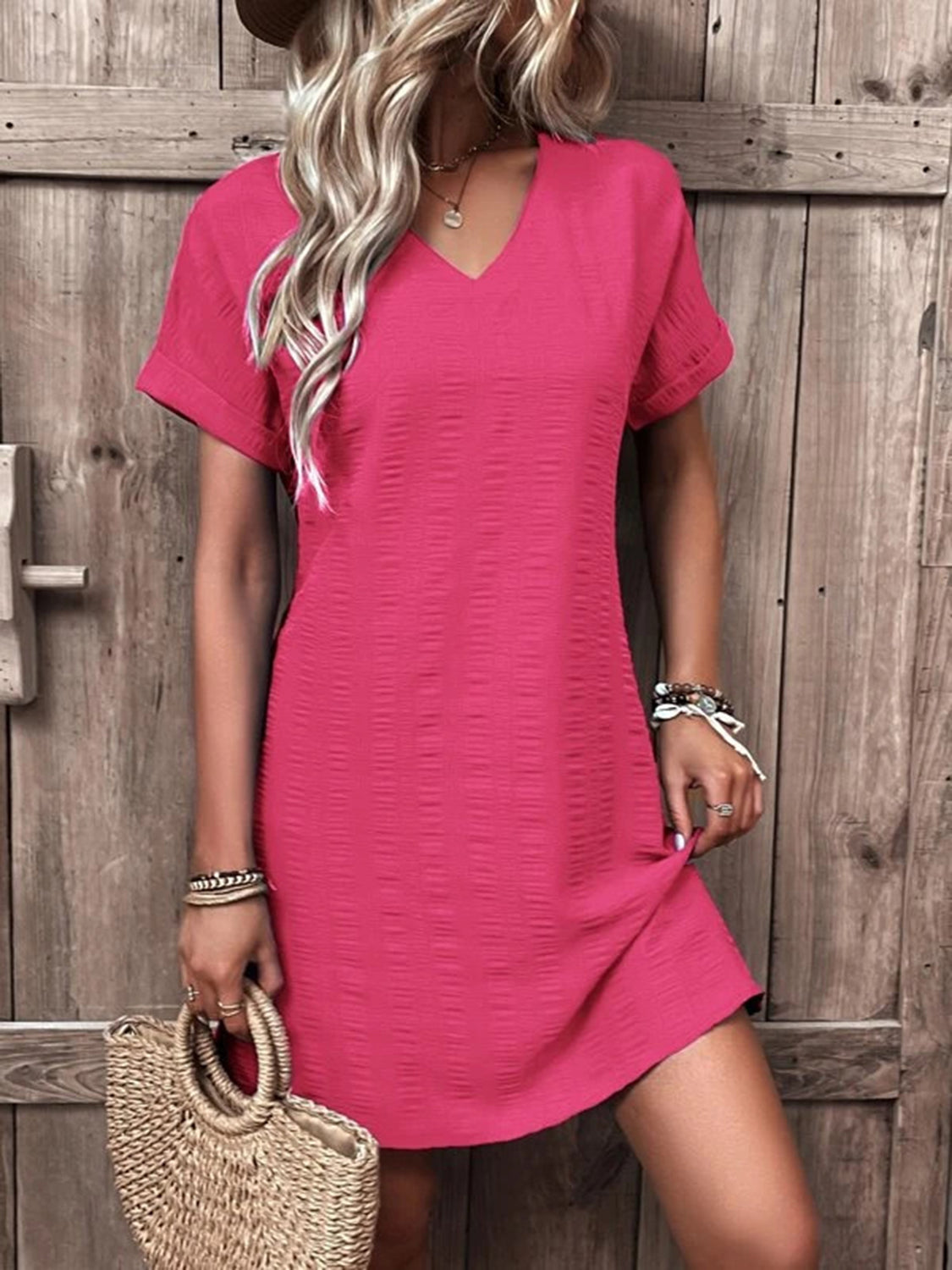 Full Size V-Neck Short Sleeve Mini Dress - Babbazon New Products