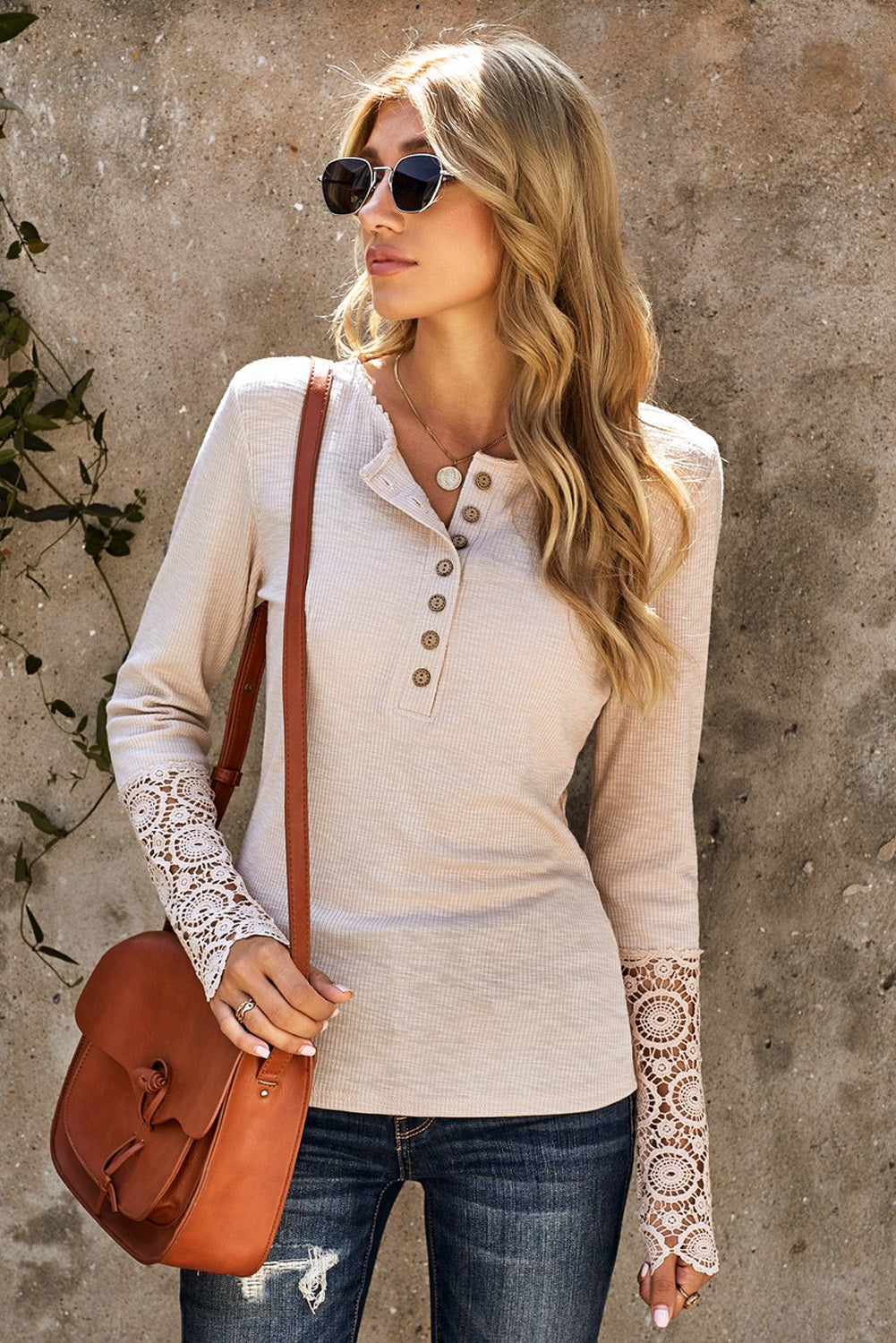 Crochet Lace Hem Sleeve Button Top - Babbazon Tops