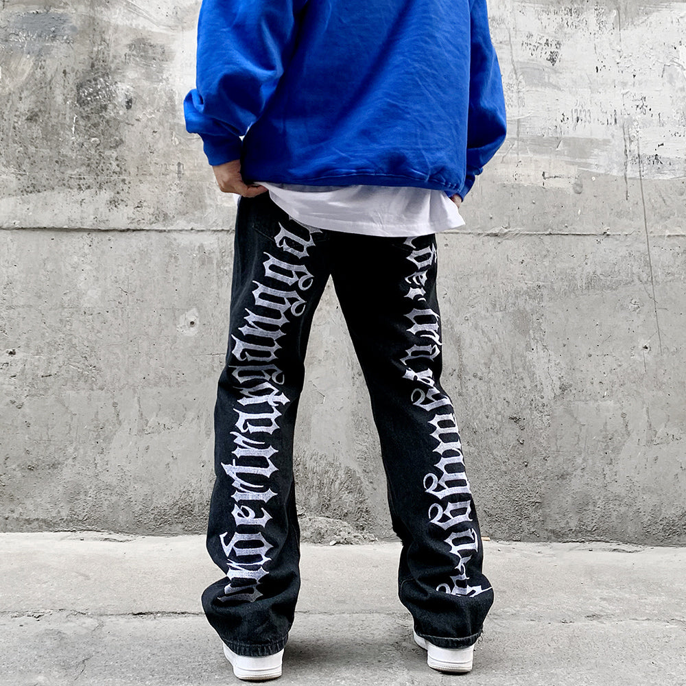 Hip Hop Vibe Back Gothic Alphabet Embroidery Ripped Micro Flared Denim Pants