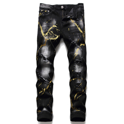 Slim Nightclub Trendy Personality Pattern Denim Trousers