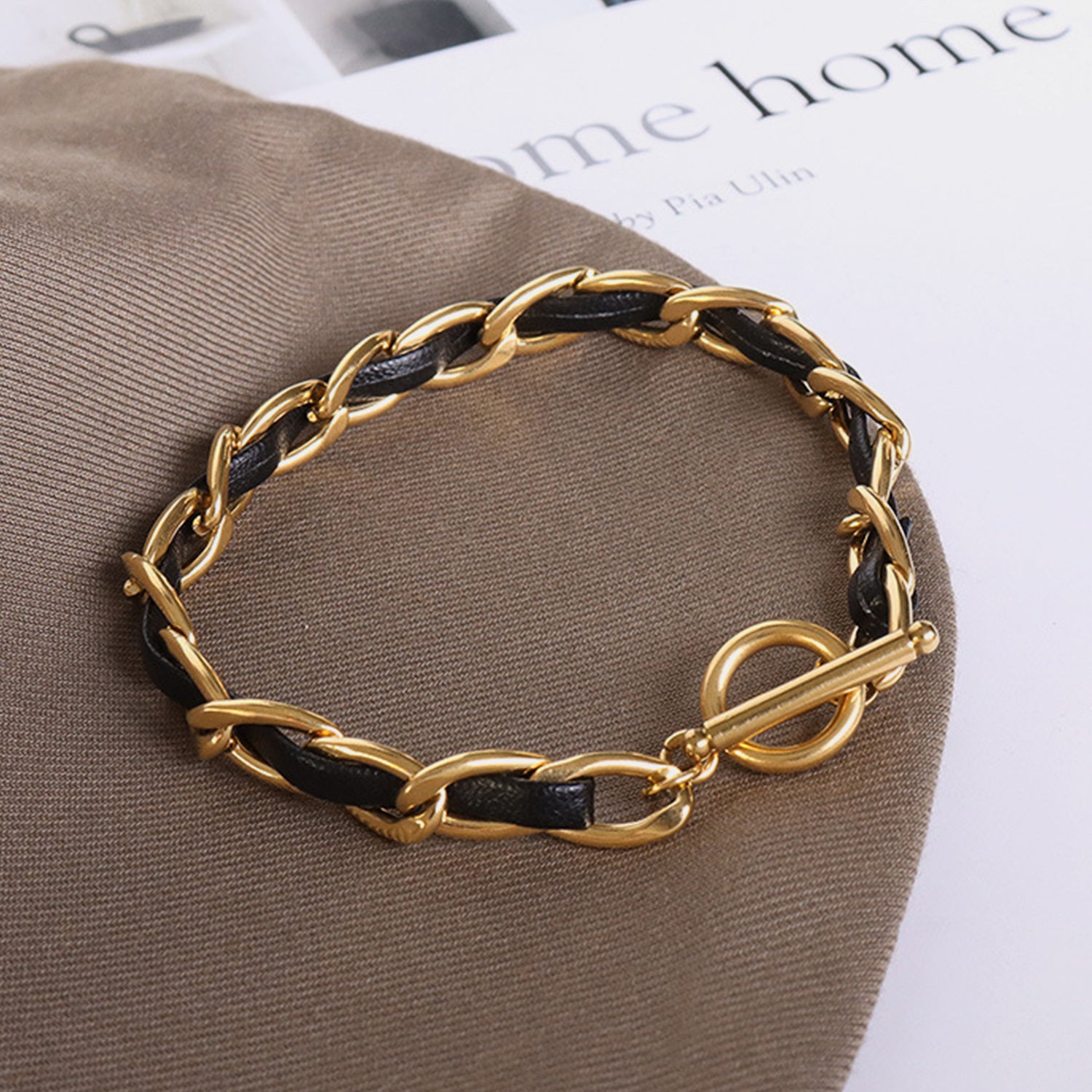 18K Gold-Plated Leather Chain Bracelet 