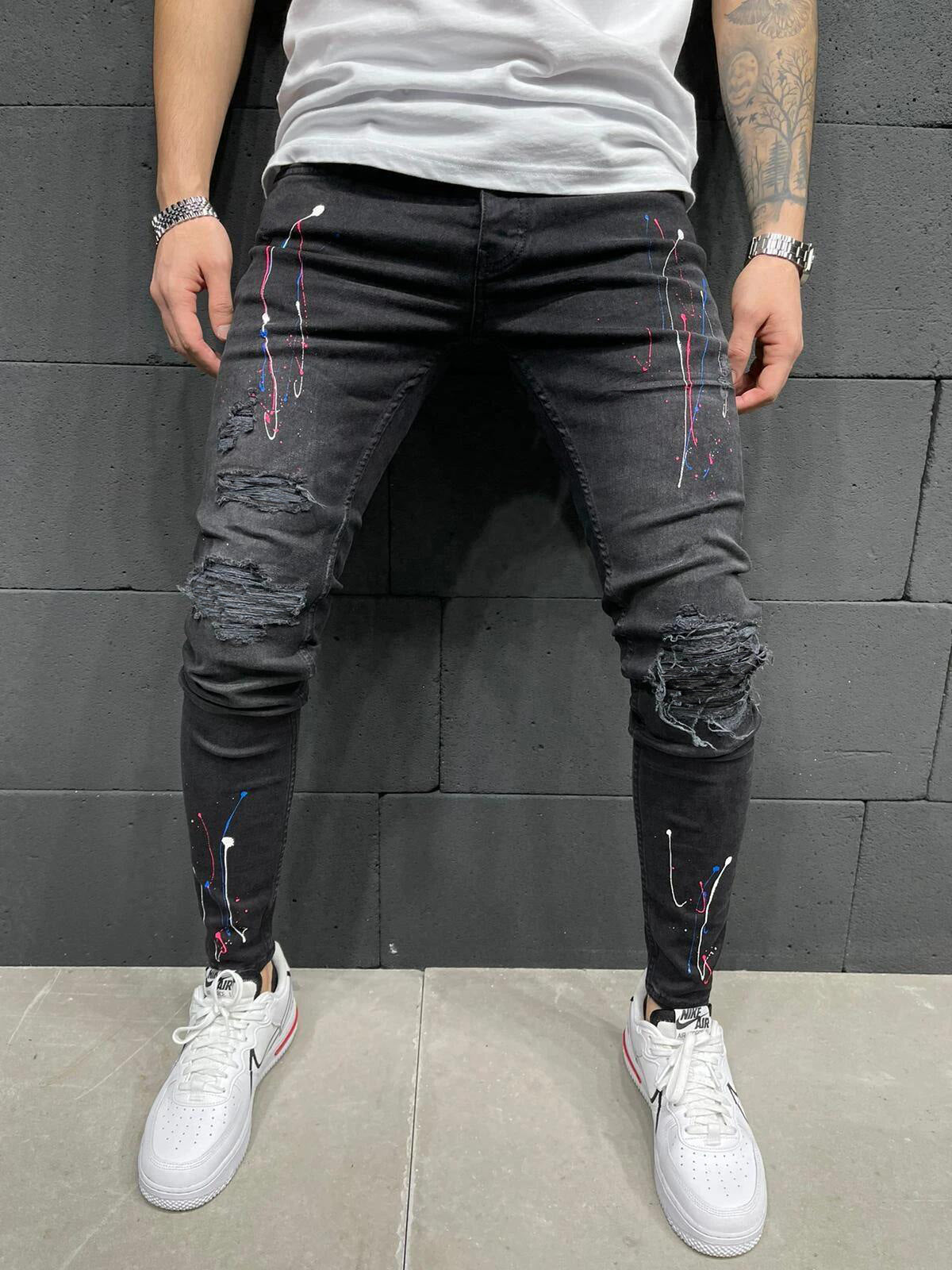 Men's Ripped Printed Jeans With Paint-stretch Stretch Feet