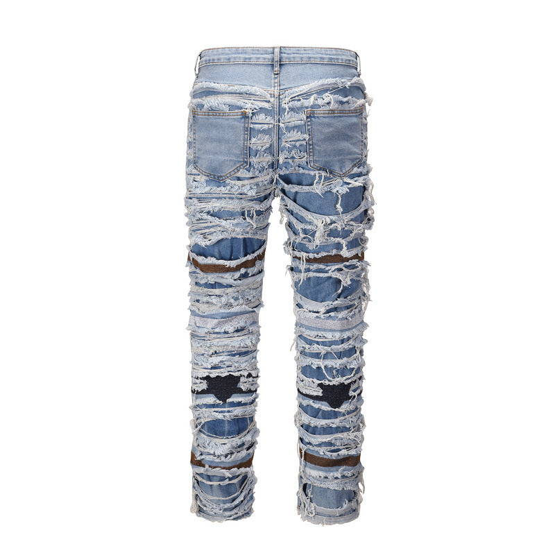 Vintage Wash Distressed Ripped Knee Lined Jeans