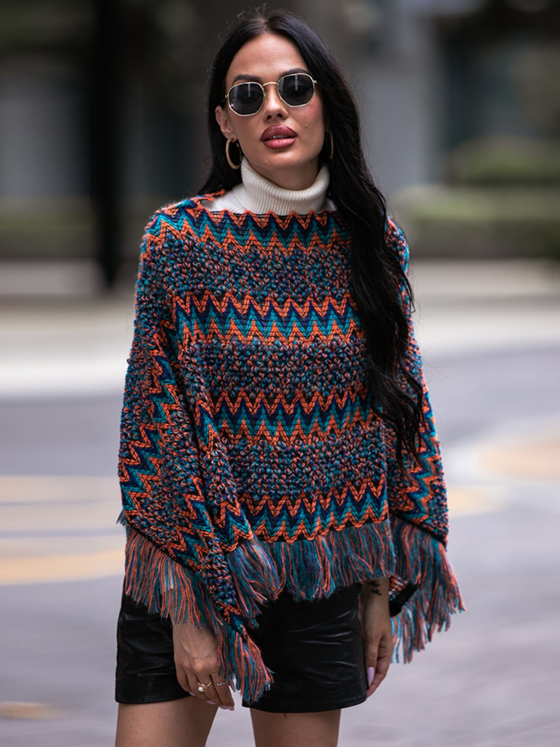 Fringe Hem Boat Neck Poncho 