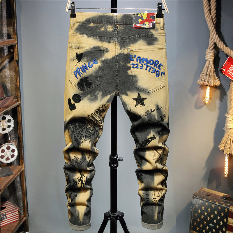 Jeans Men's Slim Pants Stretch Dyed Long  Trendy Personality Camouflage Print