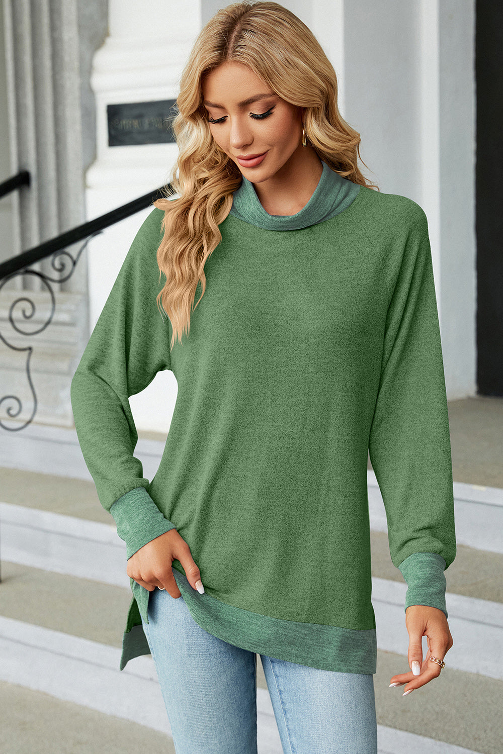 Slit Mock Neck Long Sleeve T-Shirt