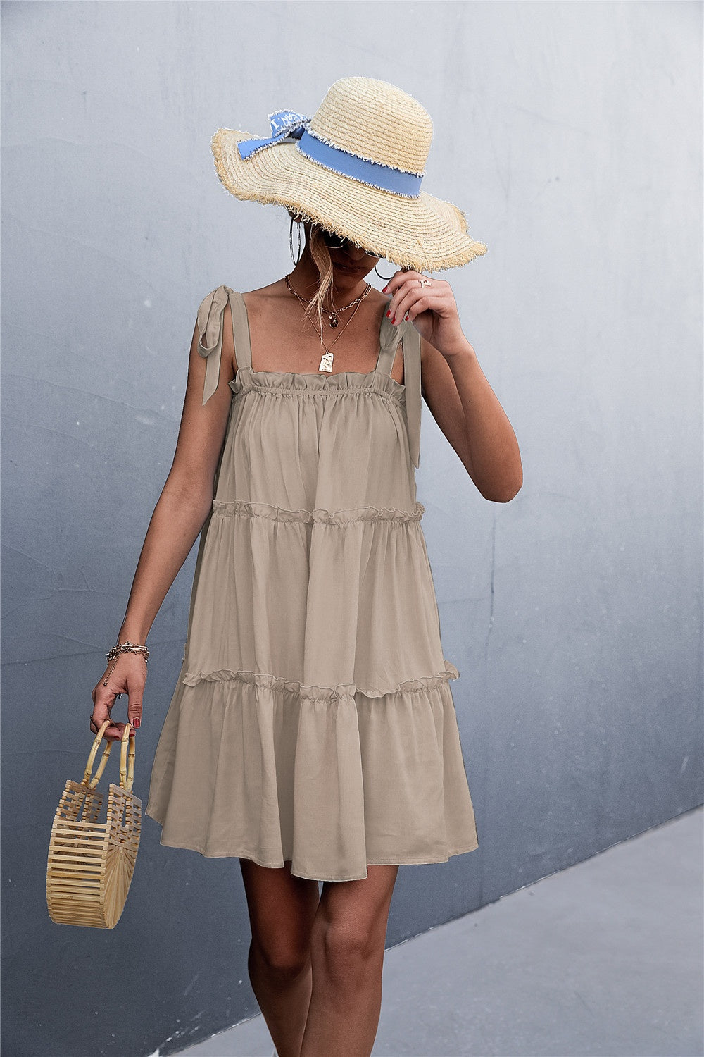 Frill Tiered Tie Shoulder Mini Cami Dress 