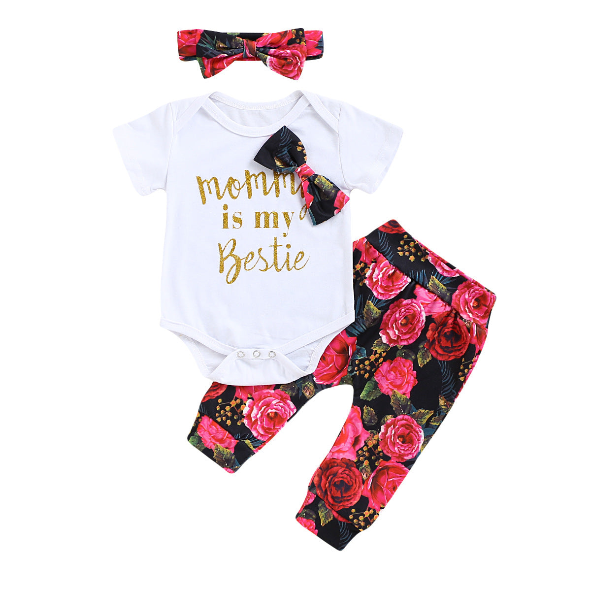 White Printed Baby Suit with Pink and Black Floral Bottoms 