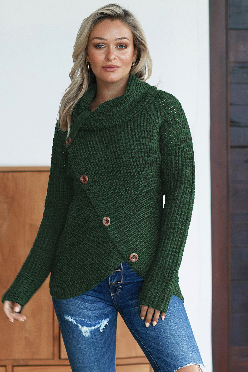 Decorative Button Mock Neck Sweater - Babbazon Tops