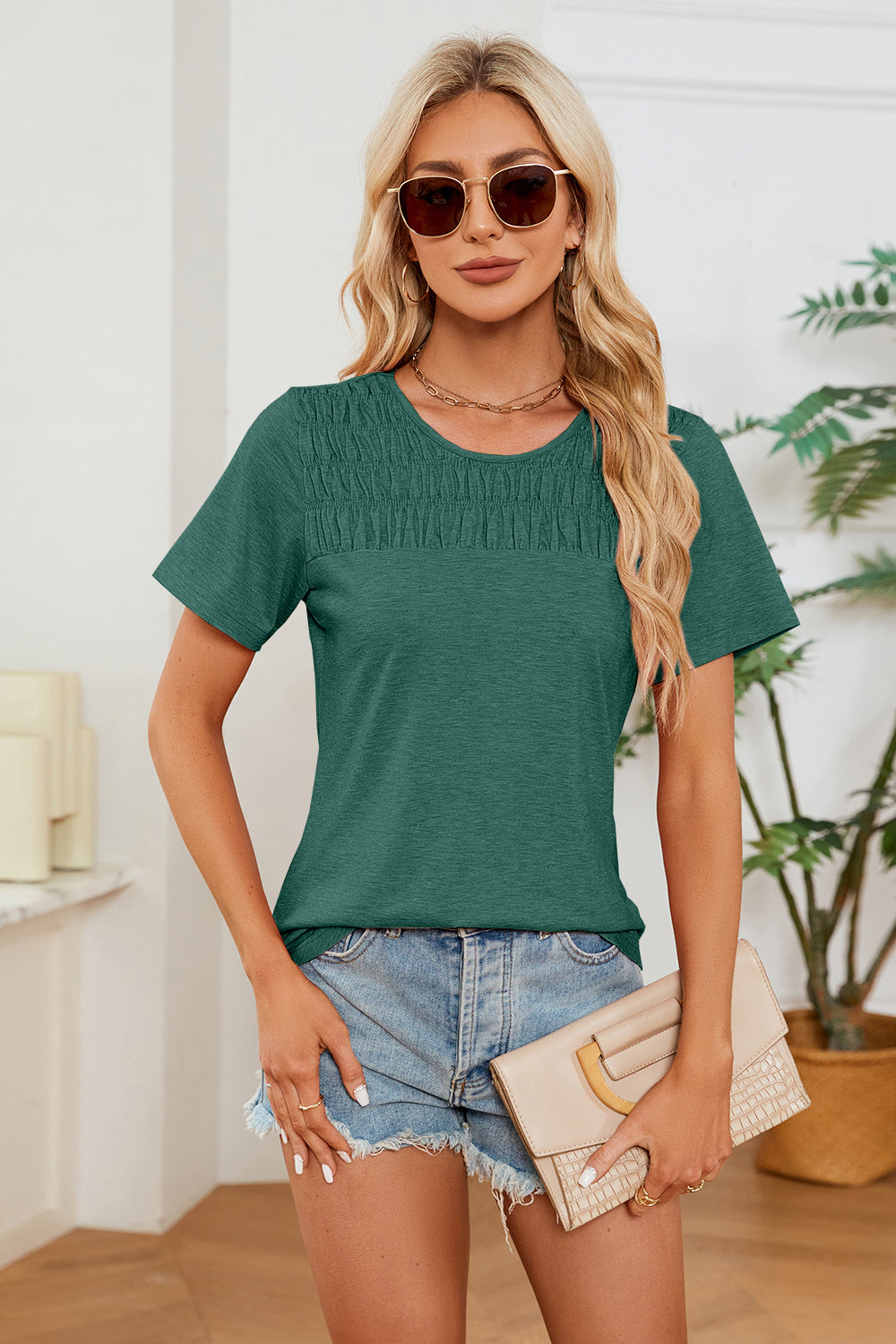 Ruched Round Neck Short Sleeve T-Shirt - Babbazon New Products