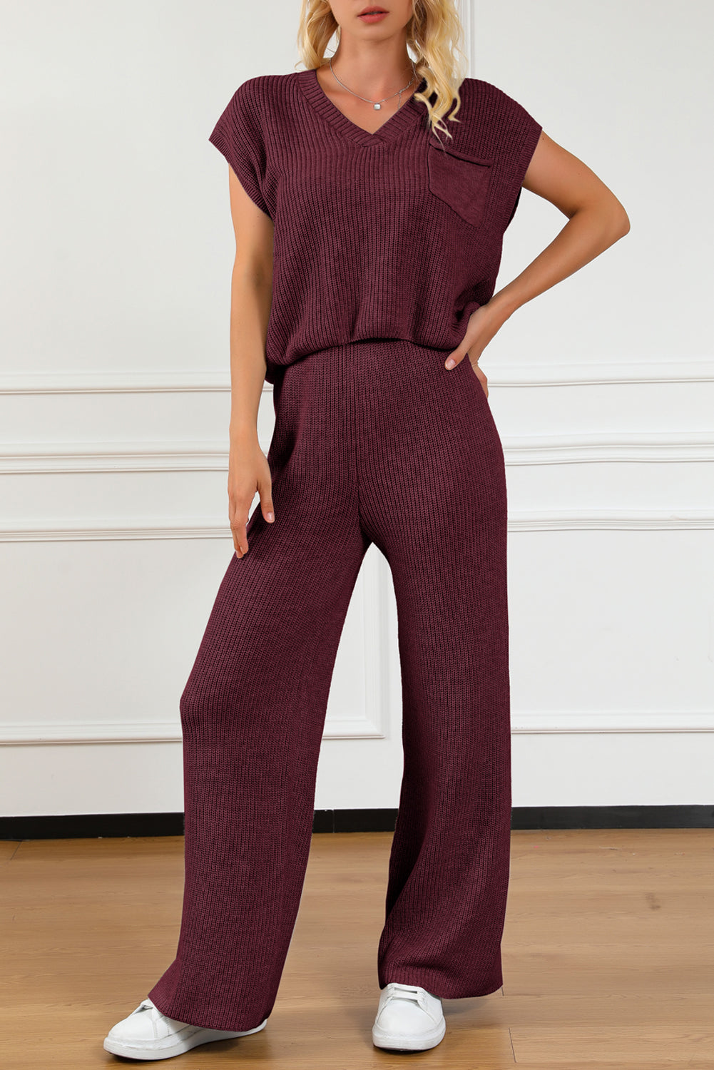 Pocketed V-Neck Top and Wide Leg Sweater Set 