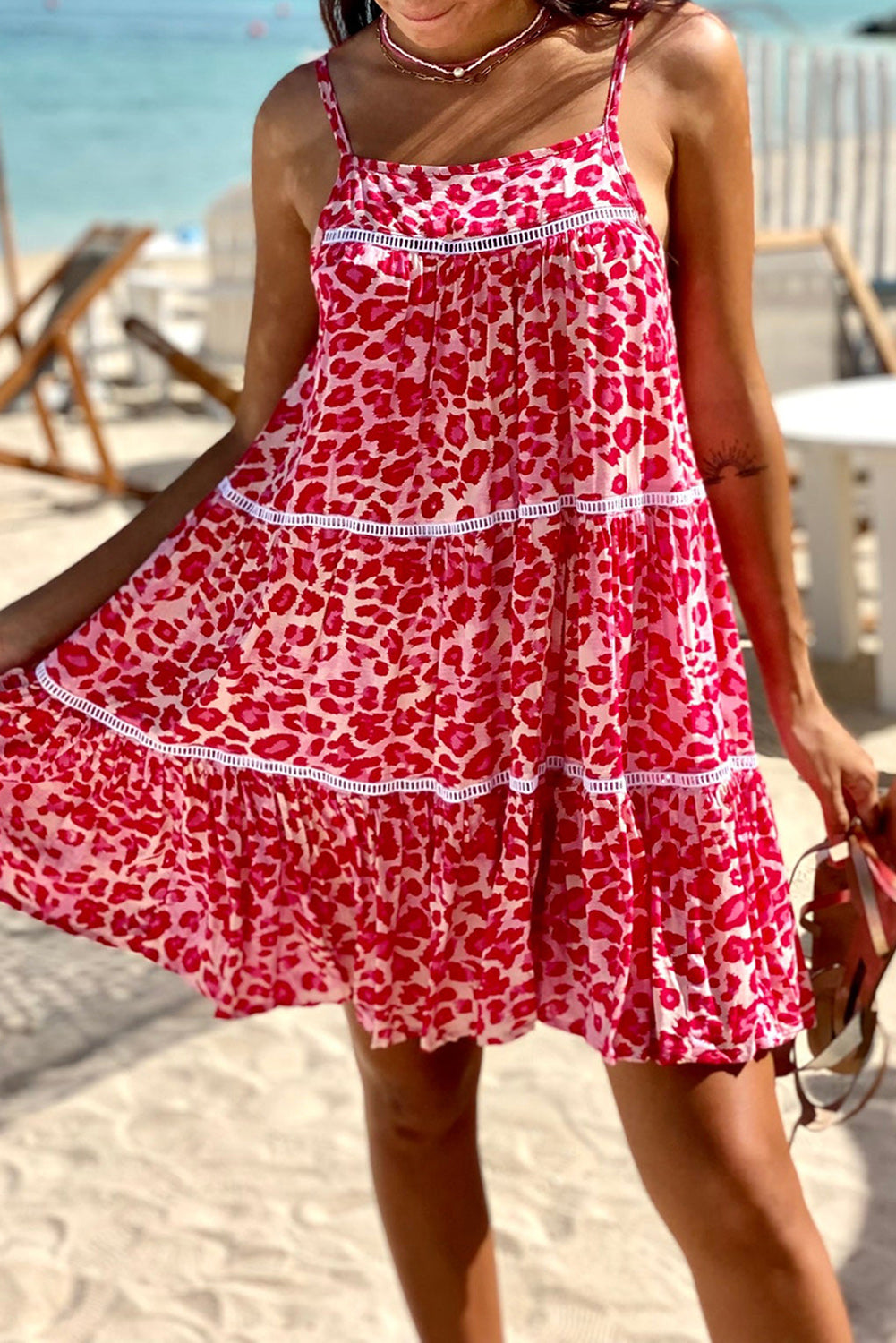 Rose Leopard Print Lace Trim Flared Mini Sundress - Babbazon Short Dresses