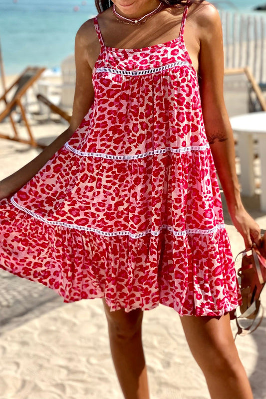 Rose Leopard Print Lace Trim Flared Mini Sundress - Babbazon Short Dresses