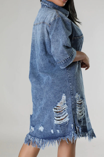 Distressed Raw Hem Button Up Denim Dress 