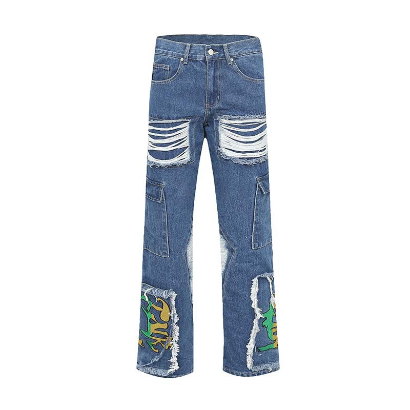 Men's Fashion Vintage Ragged Burlap Letter Embroidered Jeans