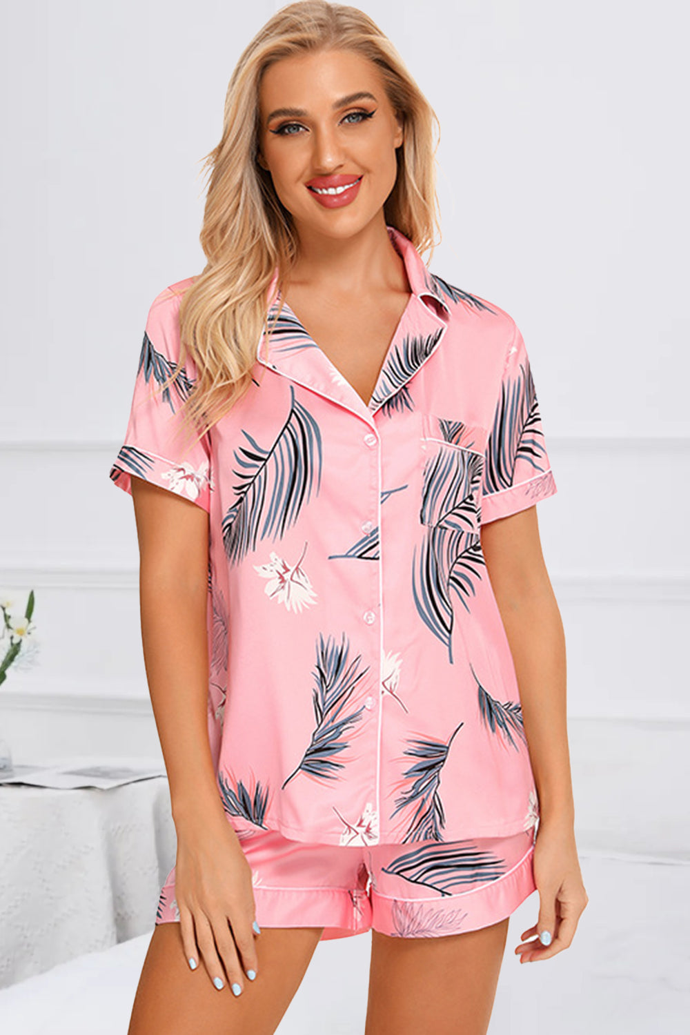 Printed Button Up Short Sleeve Top and Shorts Lounge Set - Babbazon New Products