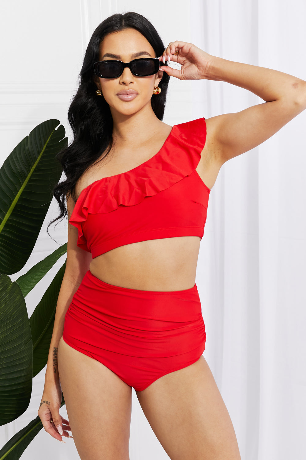 Marina West Swim Seaside Romance Ruffle One-Shoulder Bikini in Red 