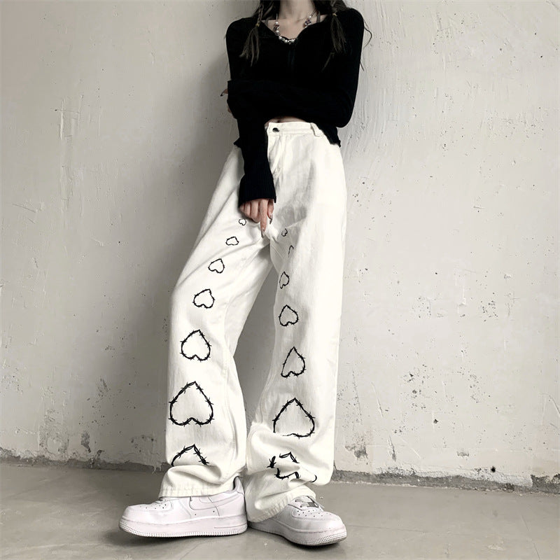 High Street Retro Love Jeans Women's Loose Straight Mop Pants