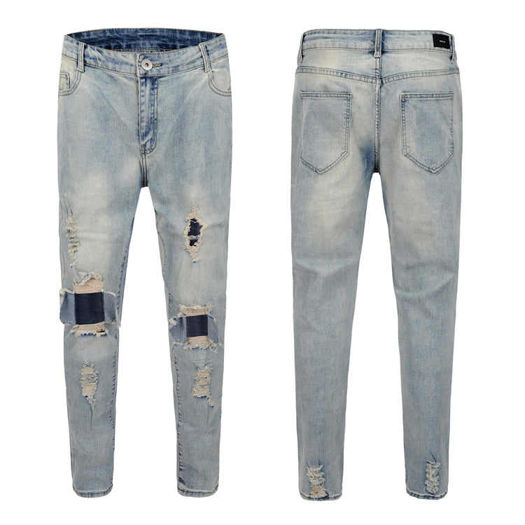 Knee damage ripped blue washed distressed men's jeans