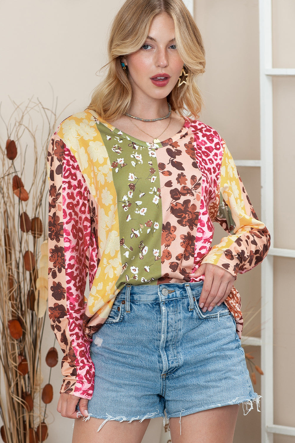 Multicolor Floral and Leopard Print Long Sleeve T Shirt - Babbazon Long Sleeve Tops