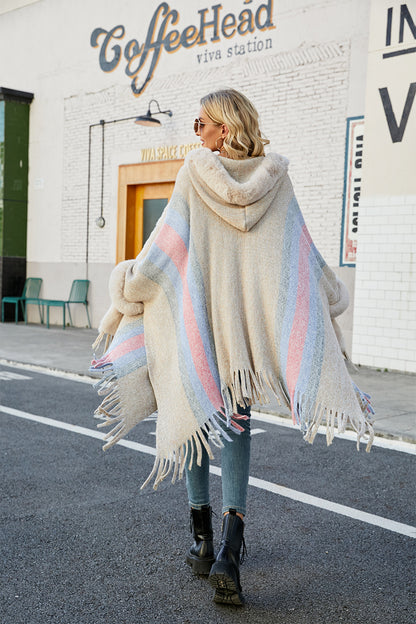 Color Block Fringe Detail Poncho 