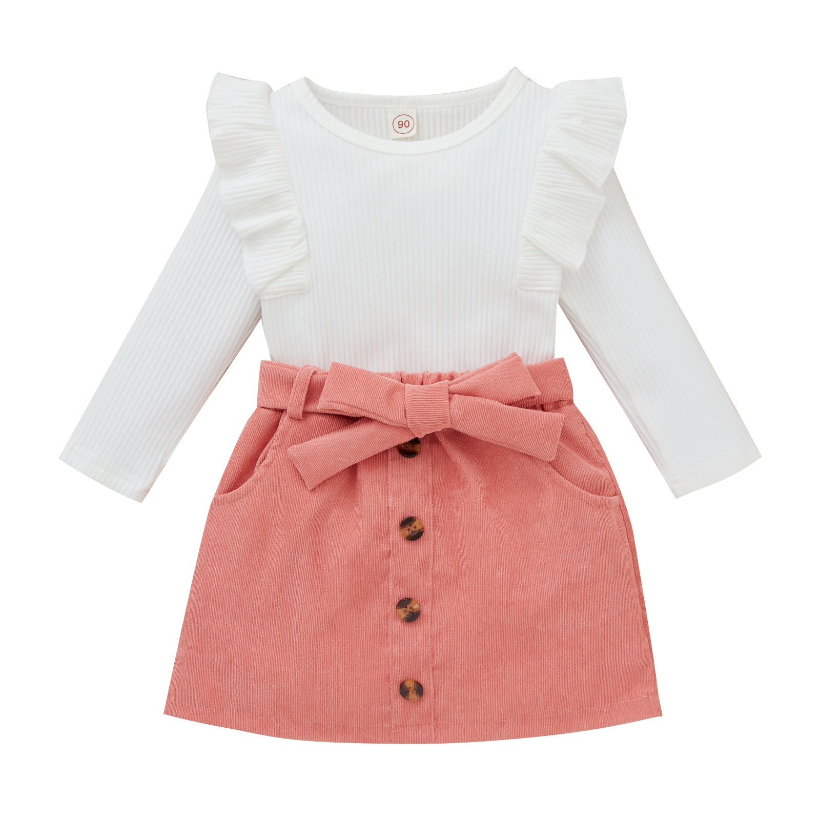 Children's Long Sleeve Pit Top Solid Color Bow Skirt Suit