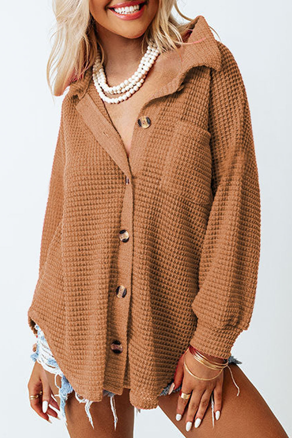 Waffle-Knit Button Up Long Sleeve Shirt with Pocket - Babbazon Tops