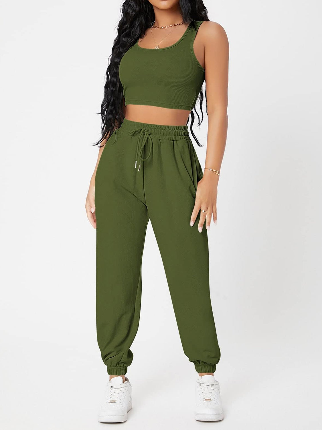 Wide Strap Top and Drawstring Joggers Set - Babbazon new