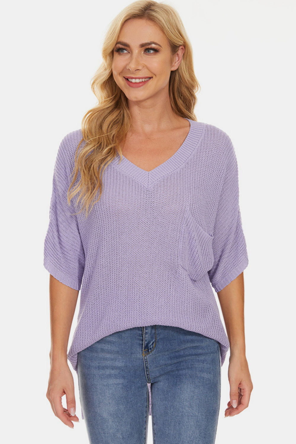 Pocketed V-Neck Half Sleeve Knit Top