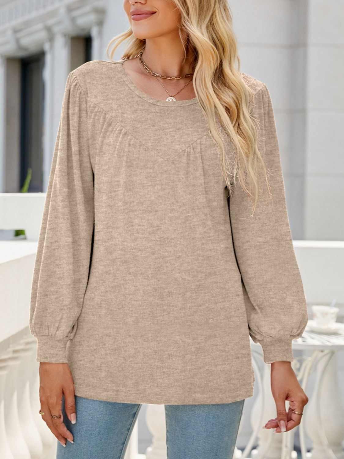 Heathered Round Neck Lantern Sleeve Blouse