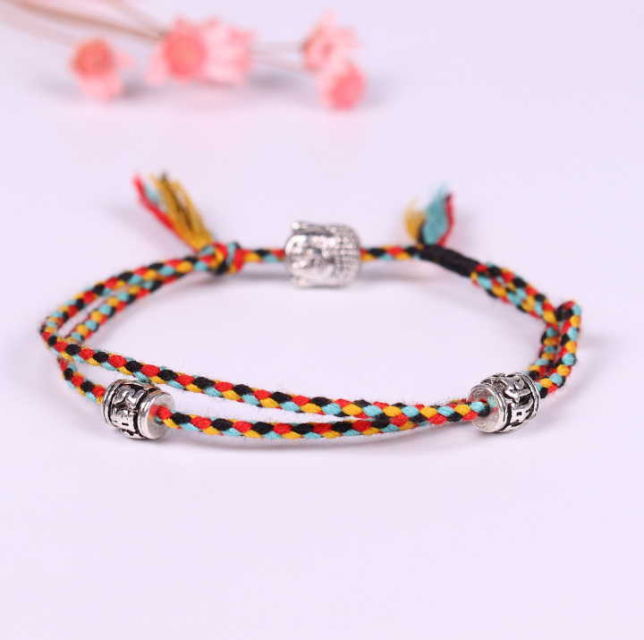 Hand-woven colorful lucky rope bracelet adjustable silver Buddha head double simple bracelet