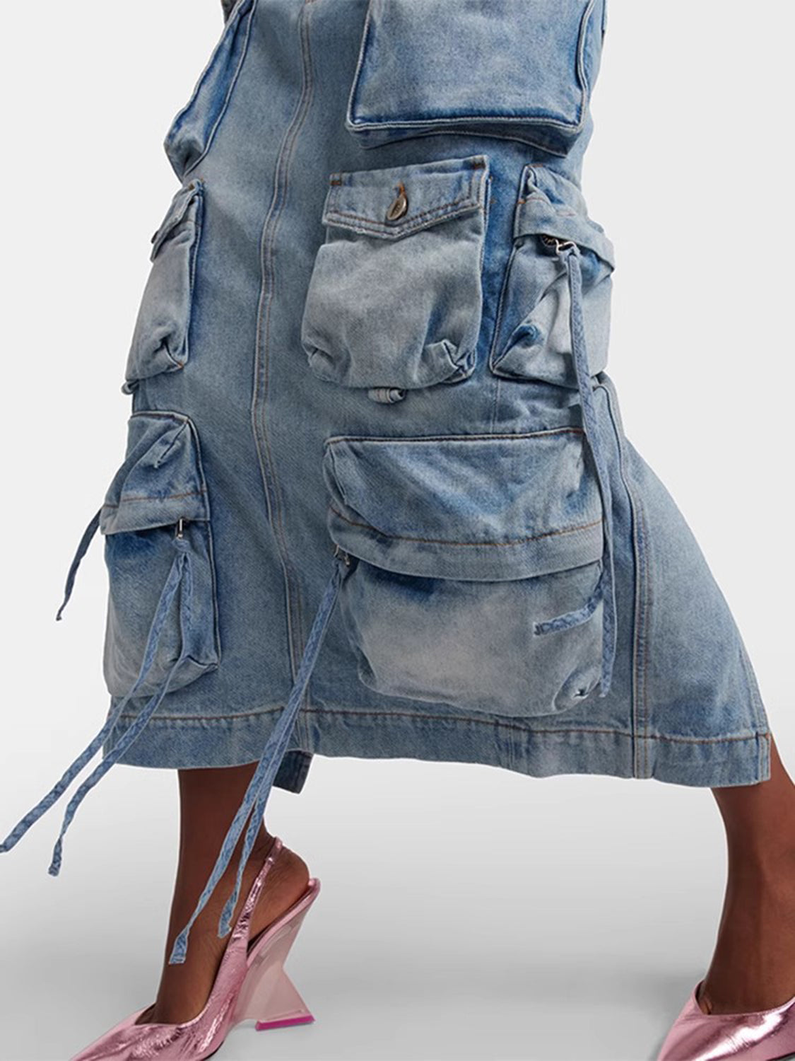 Slit Midi Denim Skirt with Pockets 