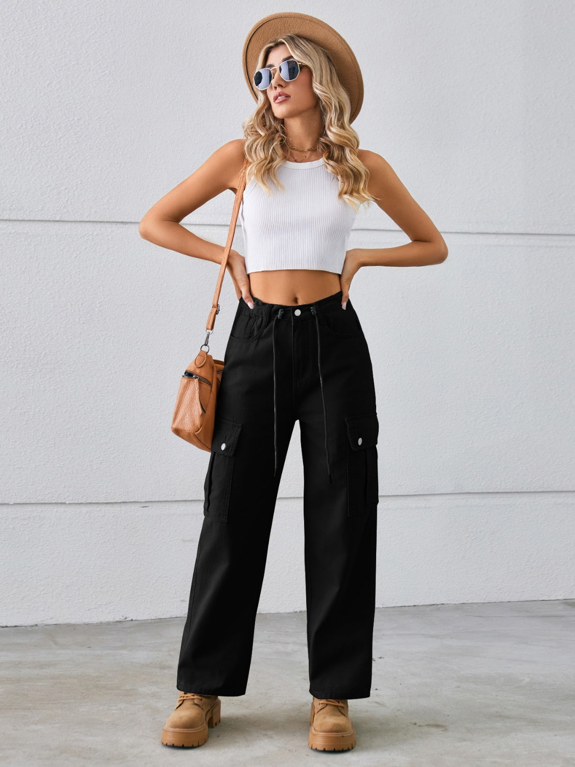 Drawstring Mid-Rise Waist Straight Cargo Jeans 