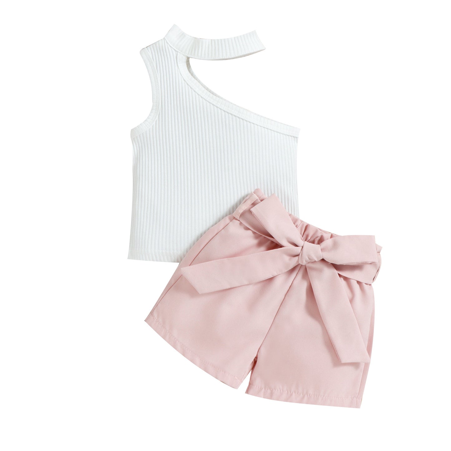 Sleeveless Slanted Shoulder Bow Shorts Girls Suit