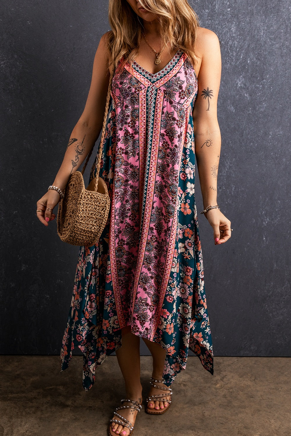 Printed V-Neck Midi Cami Dress 