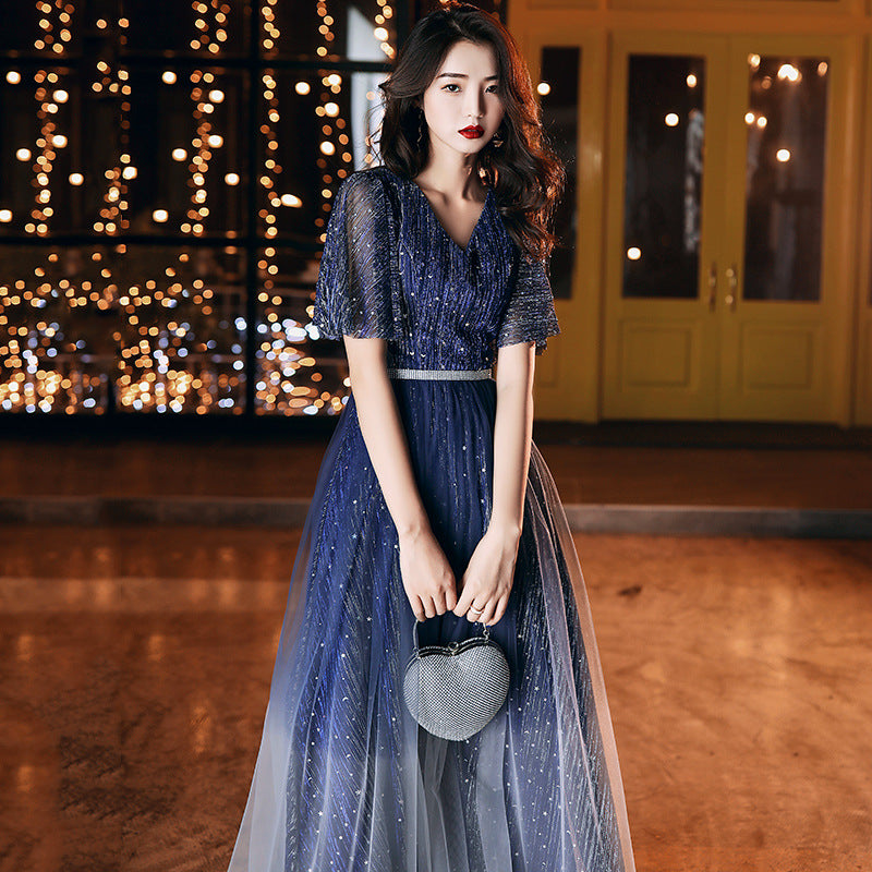 Sequin Blue V-Neck Slim Long Dress